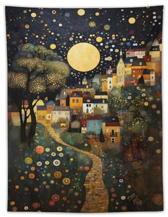 Gustav Klimt Mond, Nachthimmel, Landschaft, florale Wandkunst, Pflanzenposter, cooler Wandteppich, Kunstdrucke, Wandgemälde, Kunstwerke, Wandteppich, hängendes Bild, Geschenk, Schlafzimmer,