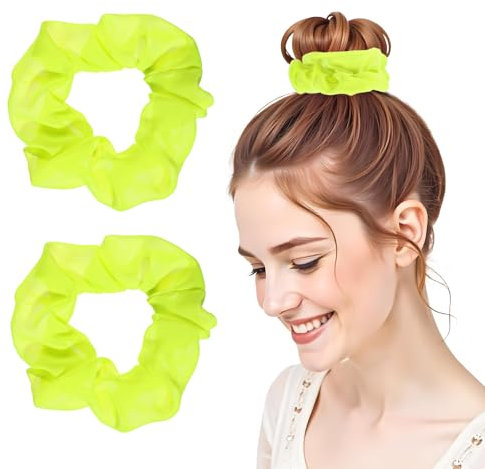 Tyqour 2 Stück Haargummi Neon Scrunchie Gelb Große Damen Haargummis Dickes Satin Haar Scrunchies Haarband Elastisch Neon Scrunchies für Mädchen 80er Jahre, für Afro Lockiges Haar, Yoga, Volleyball