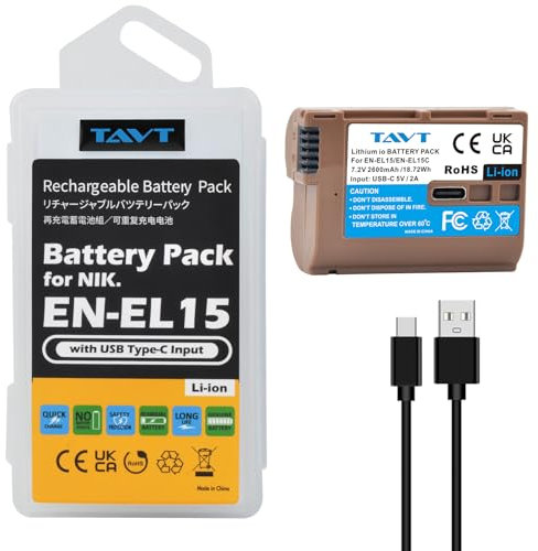 TAVT 2600mAh EN-EL15C EN-EL15 EN-EL15B Batterie pour Nikon Z7, Z7 II, Z6, Z6 II, Z5, Z8, D780,D500, D600, D610, D750, D850, D7000, D7100, D7200, D7500, D800, D800E, D810, D810A,1 V1