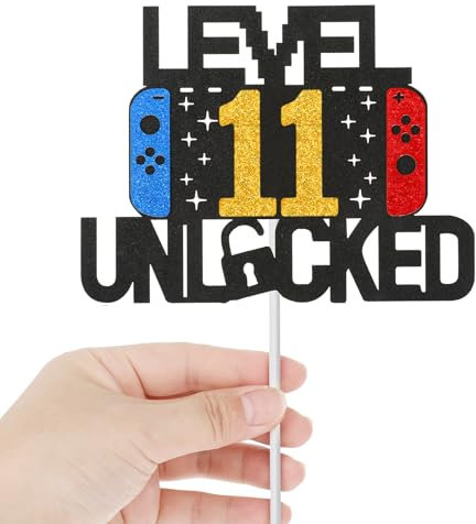 Level 11th Unlocked Sign Cake Topper, Double Sided Glitter Gamer Birthday Party Cake Topper Video Game Birthday Decorations Celebration Supplies for Boys Game Fans Kids Men