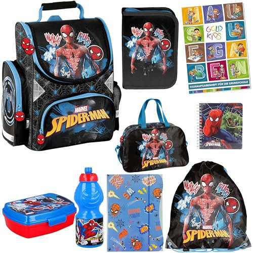 PASO Set XXL 8er Schulranzen ergonomischer Ranzen Federmappe Notizbuch Turnbeutel Sporttasche Brotdose Trinkflasche Spiderman Motiv 1-3 Klasse