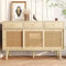 BARONAGE Modern Retro Rattan Door Sideboard, Three Drawer Storage Cabinet, Wooden Frame, Light Oak