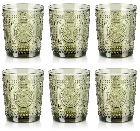 Joeyan 32cl Bicchieri da Acqua in Vetro Colorati, Set di 6 Verde Tumbler Basso con Girasole Floreale Rilievo, Design Vintage, Idea Regalo Per Matrimoni, Feste e Casa Nuova, Lavabile in Lavastoviglie