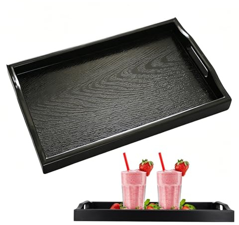MUNGHOK Serviertablett Schwarz Rechteckig, Kunststoff Rutschfestes Tablett mit Griffen, Schwarze Küchentablett Groß Plastik Tablett für Restaurant, Café, Bar, 42x27x4 cm