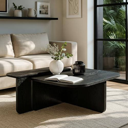 moebel17 Couchtisch 90×90 cm in Travertin-Optik, L-Form Wohnzimmer Tisch mit abgerundeten Kanten, eleganter Sofatisch aus Walnuss-Holzoptik für modernes skandinavisches Design (1, Schwarz)