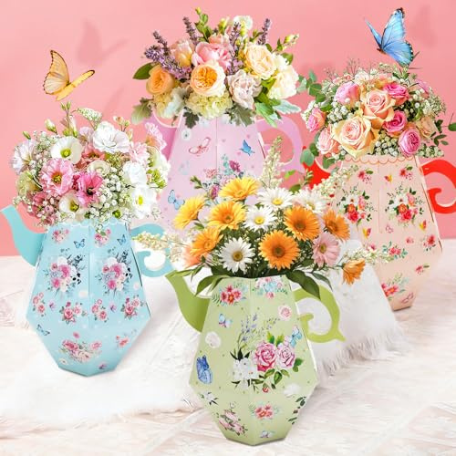 BOARDFEB Elegant 8 Pieces Teapot Vase Table Decor, 4 Styles of Tea Party Decorations Flower Boxes for Party Favor Princess Table Centerpieces