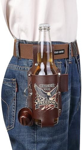 PHYZNIX Freedom 1776 Beer Holster with Bottle Opener – Leather Belt Drink Holder | Cheer for Freedom | Patriotic Gift for Men(Freedom 1776-Brown with a Bottle Opener)