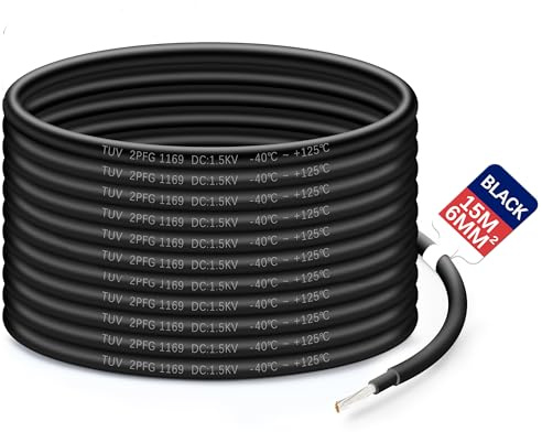Solar Panel PV Cable DC Rated Red Black 4mm² 6mm² 5/7/10/20/25/35m Double Insulated Quality Wire (BLACK, 6mm²-15m)