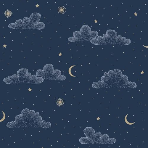 Hexoa Papier Peint Nuages étoiles Lune Fond Bleu Nuit - Made in France - 53x1000