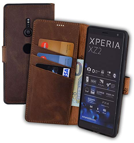 Suncase Book-Style kompatibel für Sony Xperia XZ2 Hülle (Slim-Fit) Leder Tasche Handytasche Schutzhülle Case (mit Standfunktion und Kartenfach - Bruchfester Innenschale) in antik Coffee