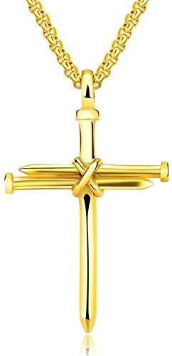 Cupimatch Collana Uomo Ciondolo Croce chiodo Catena Acciaio Inossidabile lucidato Oro,Regalo per Cristiano Natale Compleanno