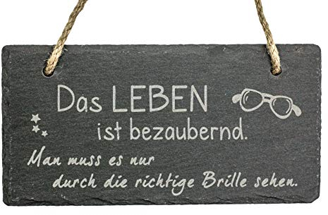 Spruchreif · Schiefer Tafel mit Gravur · Wanddeko · Schieferschild mit Karoband · Türschild aus Schiefer zum Aufhängen · Motiv Brille