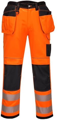 Portwest T501 Mens PW3 Hi Vis Work Trousers - Holster Pocket Workwear Safety Construction Trousers Orange/Black Short, 30