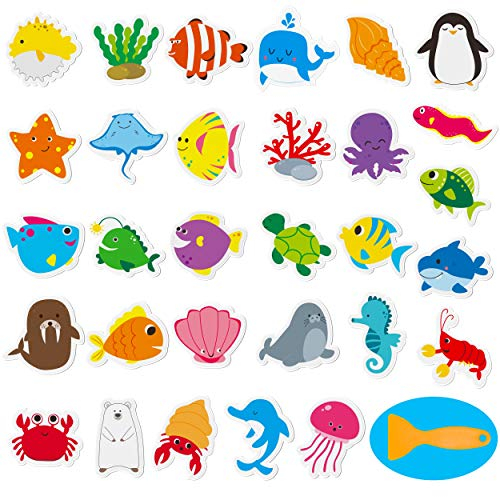 Hebayy 30 Pegatinas Decorativas Antideslizantes Impermeables para bañera y Ducha con raspador Premium (30 Animales Marinos, tamaño 9.5 x 9.5 cm)