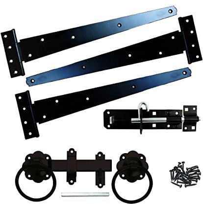 Tee Hinge (3) 16 400mm Fitting Kit Wooden Garden Gate Ironmongery Set Black, Supplied with All The Fixings