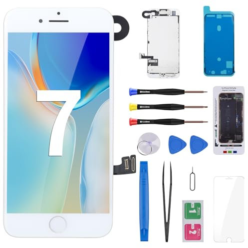 for iPhone 7 Screen Replacement White Kit, CYKJGS 4.7 inch LCD Display and Touch Screen Digitizer Replacement Frame Assembly with Repair Tool Kit and Screen Protector