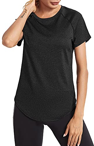 Wayleb Sport Tshirts Damen Locker Laufshirt Kurzarm Rundhals Sport T-Shirts Back Mesh Atmungsaktiv Funktionsshirt Trainingsshirt Schnell Trocken Gym Tops, Schwarz S