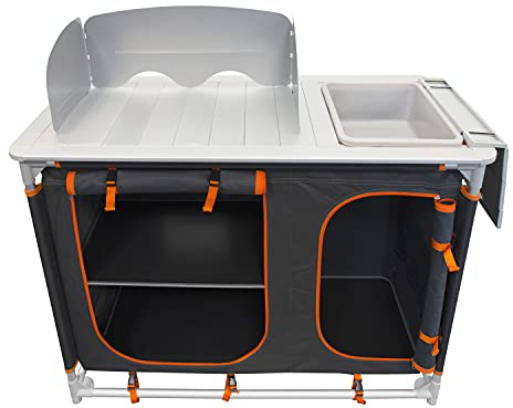 Milestone Camping Kitchen Units with Storage Compartments/Windshield and Cabinets/Heat Resistant Cooking Surface/Portable and Sturdy (Single Unit with Sink and 4 Compartments)