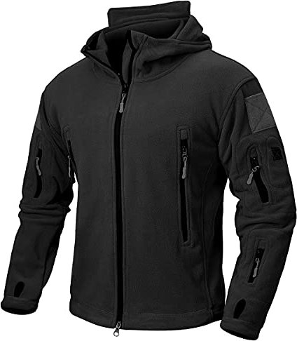 CARWORNIC Giacca tattica da uomo in pile caldo militare con cappuccio per sport all'aria aperta escursionismo cappotto con multitasche, Nero , L