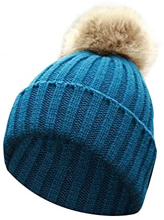 PAIDAXING Damen Kaschmir Mütze Warme Strickmütze Wollmütze Wintermütze mit Kunstfell Bommel Beanie Strick mutze Bommelmütze