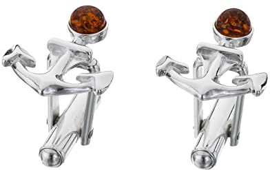 AMBEDORA Herren Sterling-Silber 925 Manschettenknöpfe Anker mit rundem Bernstein in der Farbe Cognac, Geschenkset