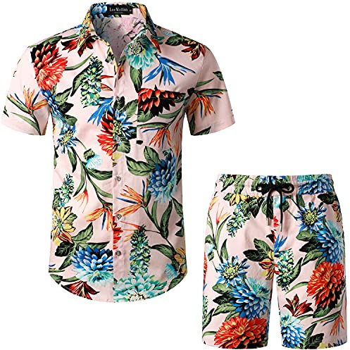 LucMatton Herren 2 Stück Blumen Hawaiian Outfits Sommer Casual Blumen Print Kurzarm Button Down Hemd und Shorts Set Rosa Grün Mittel