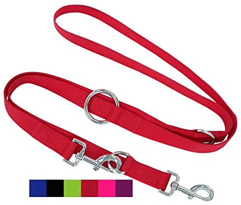 DEY - Premium Hundeleine Nylon 2m | 3fach Verstellbar | für Kleine, Mittelgroße u. Große Hunde | viele Farben |Doppelleine Hund Katze Welpe | Schleppleine |Führ-Leine | Welpenleine | Rot, M
