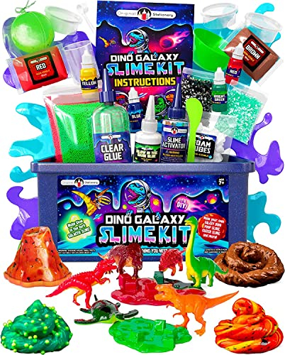Original Stationery Kit de Slime de Dinosaure DIY de la Galaxie, Kit de Fabrication de Slime Galaxy Phosphorescent avec Jouets de Dino et Accessoires Loisir Créatif de Slime Cadeau Enfants
