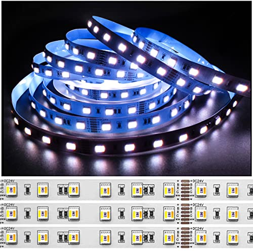 Tesfish 5 in 1 Chip LED Streifen 24V RGB+CCT, RGB + Weiß + Warmweiß (2800K bis 6500K) RGBCW 5M Mischfarben Strip Lichtband IP20 300 LEDs Band Lichtleiste Leiste