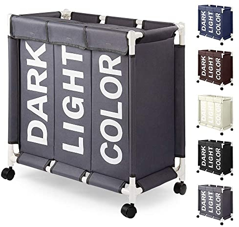 Rieeyrslza Wäschesortierer auf Rollen 90L Wäschekörbe 3 Fächer Wäschekorb aus Oxford-Stoff Mit Deckel Abnehmbarer Wäschekorb Mit Rädern Effiziente Sortierung und Lagerung (Grau o2)