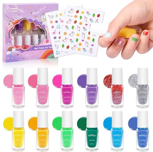 wakaniya Kids Nail Polish, 12 Rainbow Colors Peel-Off Quick Dry Nail Polish Set with Nail Art Stickers, Water-Based Non-Toxic Nail Varnish Sets for Girls Kids Toddlers