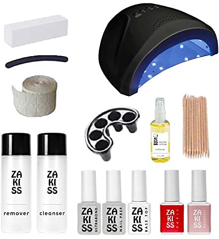 ZAKISS STARTER KIT GEL POLISH SMALTO SEMIPERMANENTE UNGHIE + FORNETTO LED + OLIO CUTICOLE + 1 Rosso + 1 Nude + Cleanser + remover + base e top + Cleanser + remover + ACCESSORI