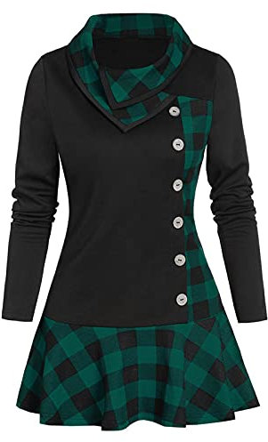 Plus Size Tops Trendige Tops für Damen Langarmshirts Damen Button Cowl Neck Pachwork Plaid Print Tops Damen Unregelmäßiges Button Plaid Print Top Grün