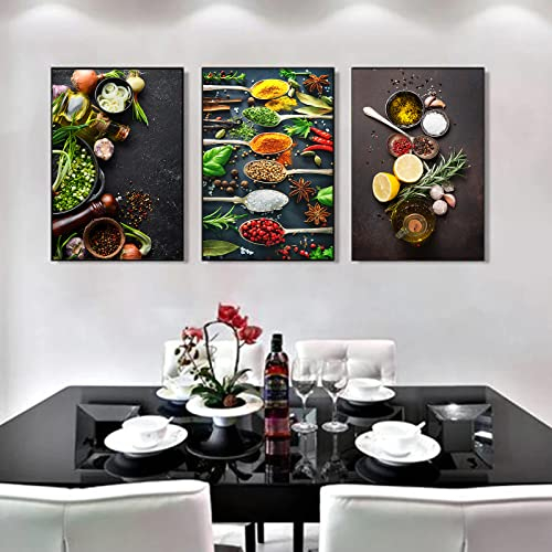 Trayosin Küche Poster 3er Set - Gewürz Leinwand Bilder Wanddeko für Wohnzimmer, Küche & Esszimmer | Moderne Wandbilder Kunstdruck, Ohne Bilderrahmen (40x50cm)