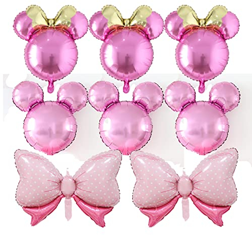 Lot de 6 ballons d'anniversaire en forme de tête de souris avec nœud rose en feuille d'aluminium pour fête prénatale, mariage, décorations de fête d'anniversaire pour enfants