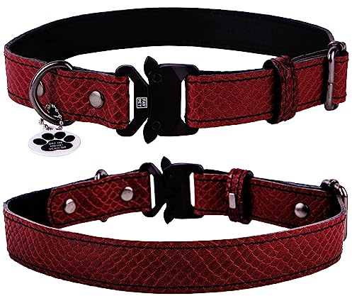 FAVPET Echtleder Dünnes Halsband Hund Verstellbar mit QR Code Anhänger, Hochwertige Hundehalsbänder mit Cobra Verschluss, Verstellbares Hundehalsband Leder Schmal, Lederhalsband Hund (M, Rot)