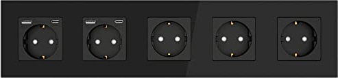 PULSAR Steckdose Unterputz mit USB-C, USB-A 5-Fach Schwarz Glas - Schuko-Steckdose mit 20W Schnellladegerät - Wandsteckdose 16A mit Kindersicherung 370x86mm