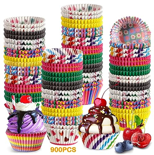 POWZOO Muffinförmchen Papier,900 Stück Mini Muffins Papierförmchen,Bunt-9 Arten von Mustern Kombiniert Muffinform Papier,Muffins Backförmchen für Backen, Dessert, Party, Geburtstag, Hochzeit