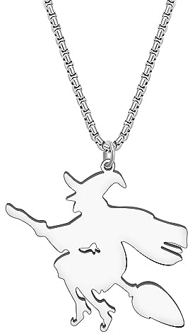 BAMAY Halloween Lápida Ataúd Collar de Acero Inoxidable Escoba Bruja Gato Colgante Collar para Mujeres Niñas Regalos Charms