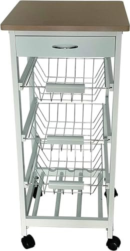 FEFE® Kitchen Trolley MDF Top White Island Dining Cart Worktop Basket Storage Lockable Wheels Rolling Kitchen Portable Island Kitchen Trolley with Drawers and Open Shelf, White…