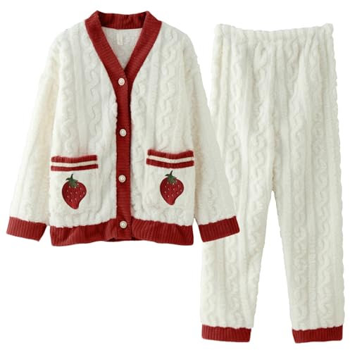 Pigiama Donna Pile Abbigliamento da Casa XXL Peloso Cotone con Bottoni Pesante Caldo Invernale Due Pezzi Tuta Flanella Felpato Taglie Forti