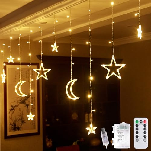 DAZZTIME Ramadan Licht Stern Mond Lichterketten,100 Led Ramadan Dekorative Fee Licht,3.5 M led Muslim Ramadan lichterkette,Mit 8 Blinkenden Modi,Fernbedienung,für Ramadan,Party,Fenster.