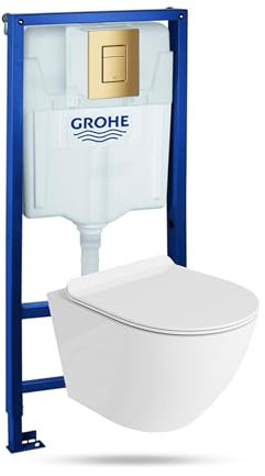 Lavita Vorwandelement Solido + Wand Hänge WC Sofi Slim Weiß Spülrandlos+ WC Sitz mit Absenkautomatik Goldener Knopf Komplettset Unterputz Spülkasten Toilette Komplett Sett WC
