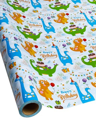 RayofSun Geschenkpapierrollen, niedliche Dinosaurier, Happy Birthday Geschenkpapier für Jungen, Geschenkpapierrollen, Geschenkpapier, Dinosaurier-Partys, Babypartys, Happy Bday Wrap, 43,2 cm x 9,8 m