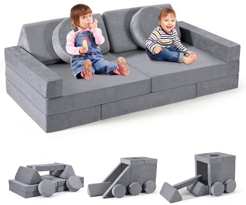 nmoiww 14-teiliges Kindersofa-Set, Weicher Flanellstoff, Kinderspielsofa, Umwandelbares Kindersofa Geeignet für Schlafbereich und Spielzimmer (Grau)