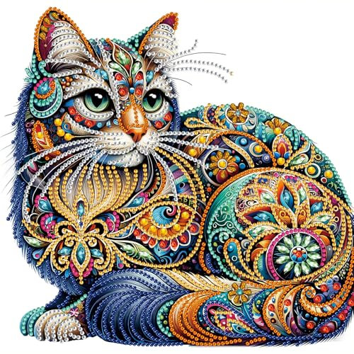 DAERLE Peinture Diamant Forme spéciale, 5D Diamond Painting Chat coloré, Diamant Strass Point de Croix Cristal Painting Diamant Kit Painting pour Murale Décoration 30x30cm