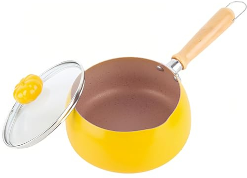 Maxspace Kochtopf, Antihaft Eisen Milchtopf Induktion mit Deckel 1,5L, 16cm Gelber Kochtopf Klein mit Holzgriff für kleine Portionen, Milch, Suppe, Nudeln (Gelber)