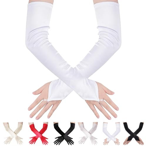 AUNGKWANG Lange Handschuhe Damen, nhandschuhe Weiß, 1920er Jahre Weiß Lange Handschuhe, Fäustlinge, für Damen Mädchen Braut Hochzeit Abend Party Kostüm Zubehör (Weiß)