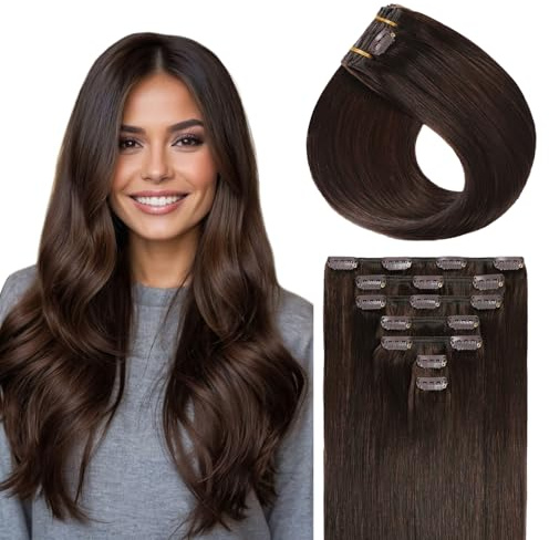 Sunya Invisible Clip in Extensions Echthaar Dunkelbraun 50cm 80g | Echthaar Haarverlängerung Clip In 100% Remy NatüRlich Glatthaar Seamless Skin Weft, Für Feines, Normales Haar