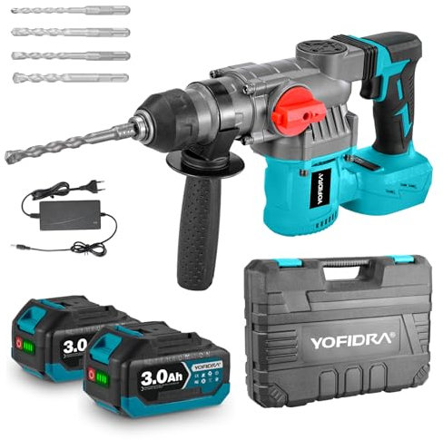 Yofidra Professional Hammer Drill Cordless Tool, Wired Electric with Speed Settings 21V Li-ion,2 Batteries 3000mAh,4PCS Drill Bits LCD Display for Home, Garden DIY